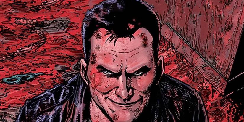 The Boys' Butcher standing in a room covered in blood and guts.