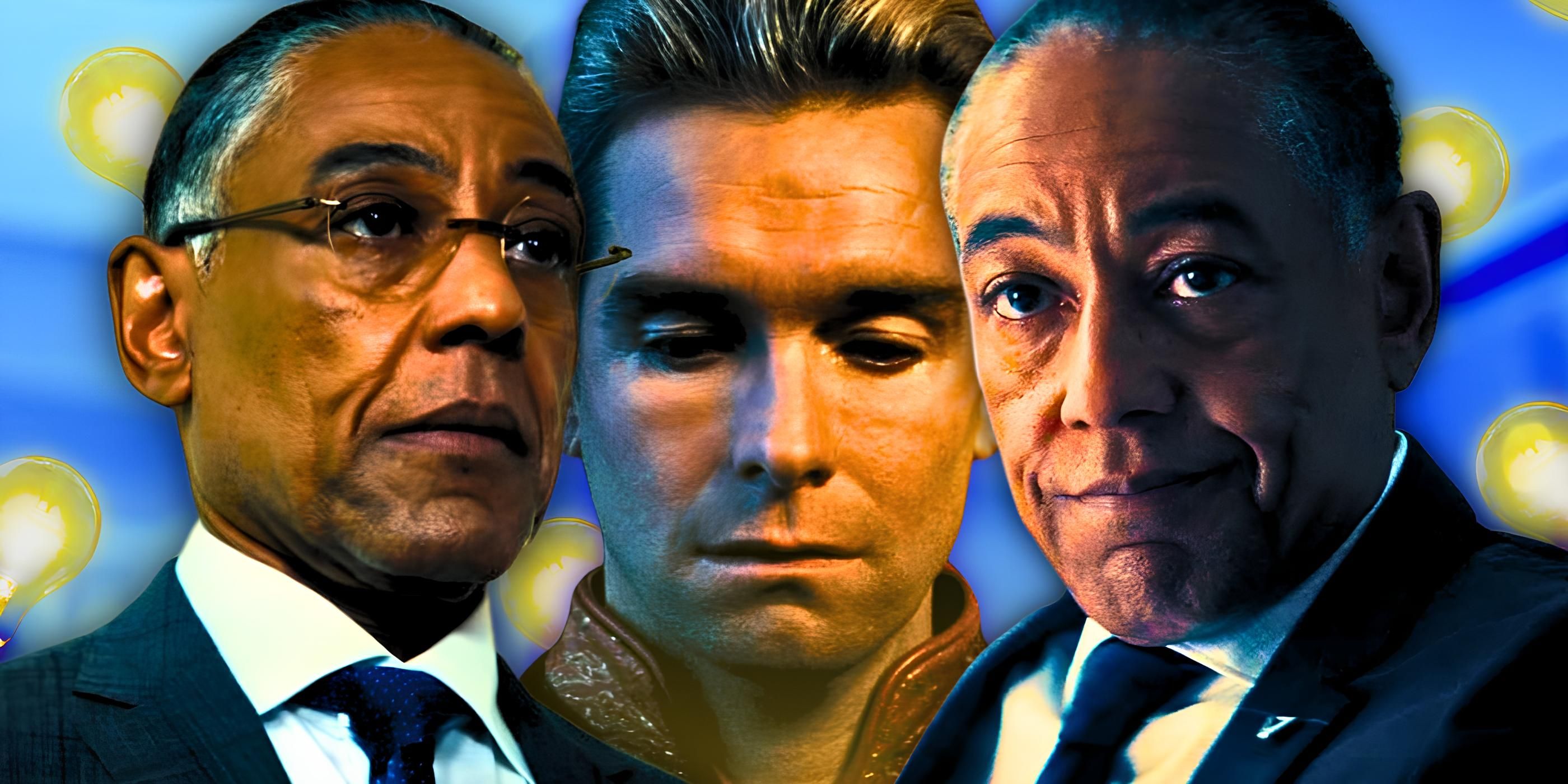 Images of Giancarlo Esposito looking serious and smiling in The Boys with a shot of Homelander looking down in the center