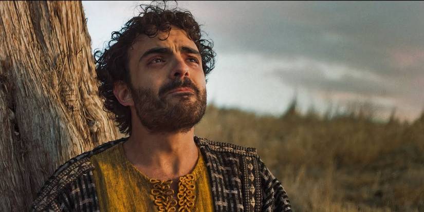 Nathaneal looking upward and getting emotional in The Chosen