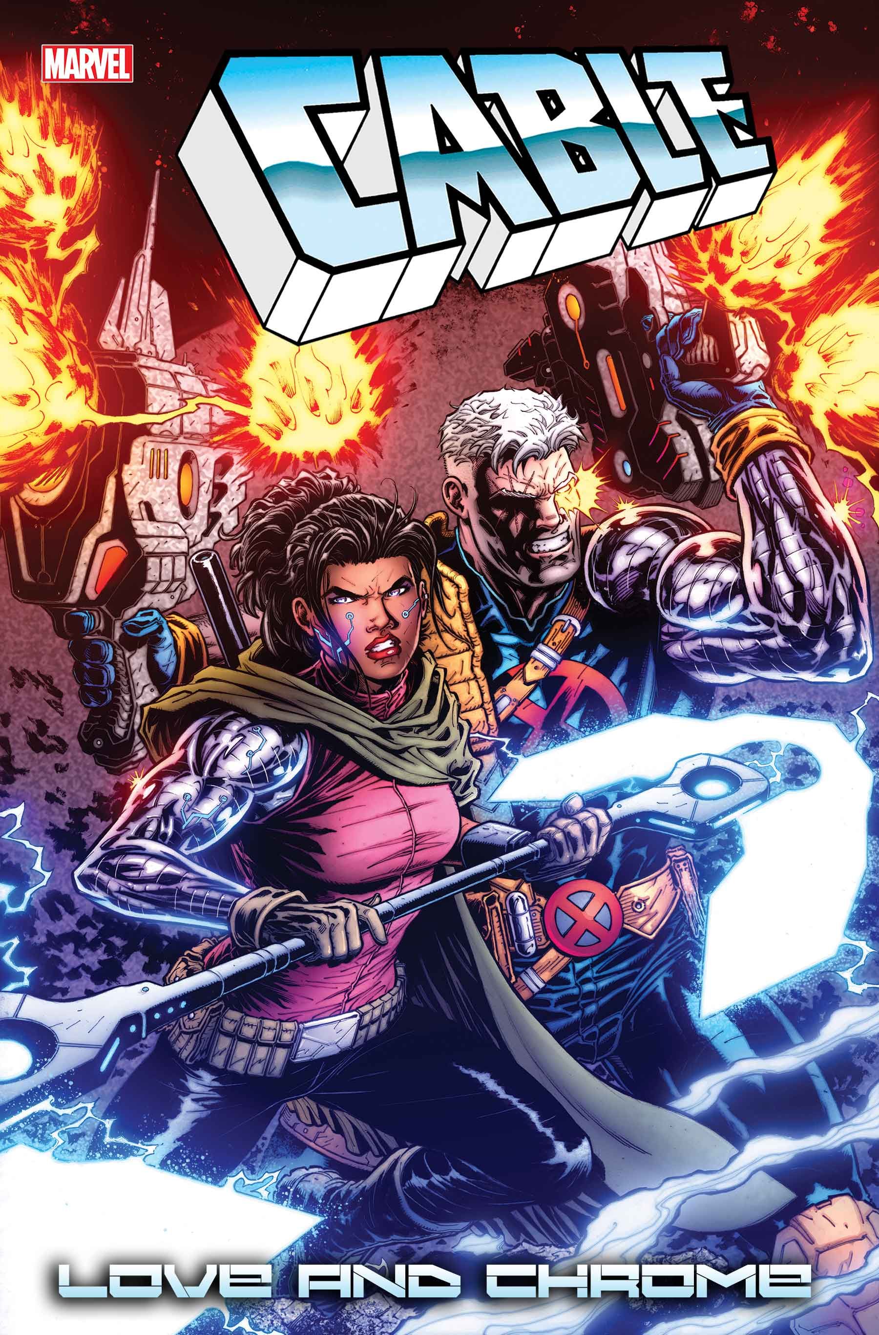 Comic book cover: Cable and a new partially techno-organic woman surrounded by gunfire on the cover of Cable: Love and Chrome #2