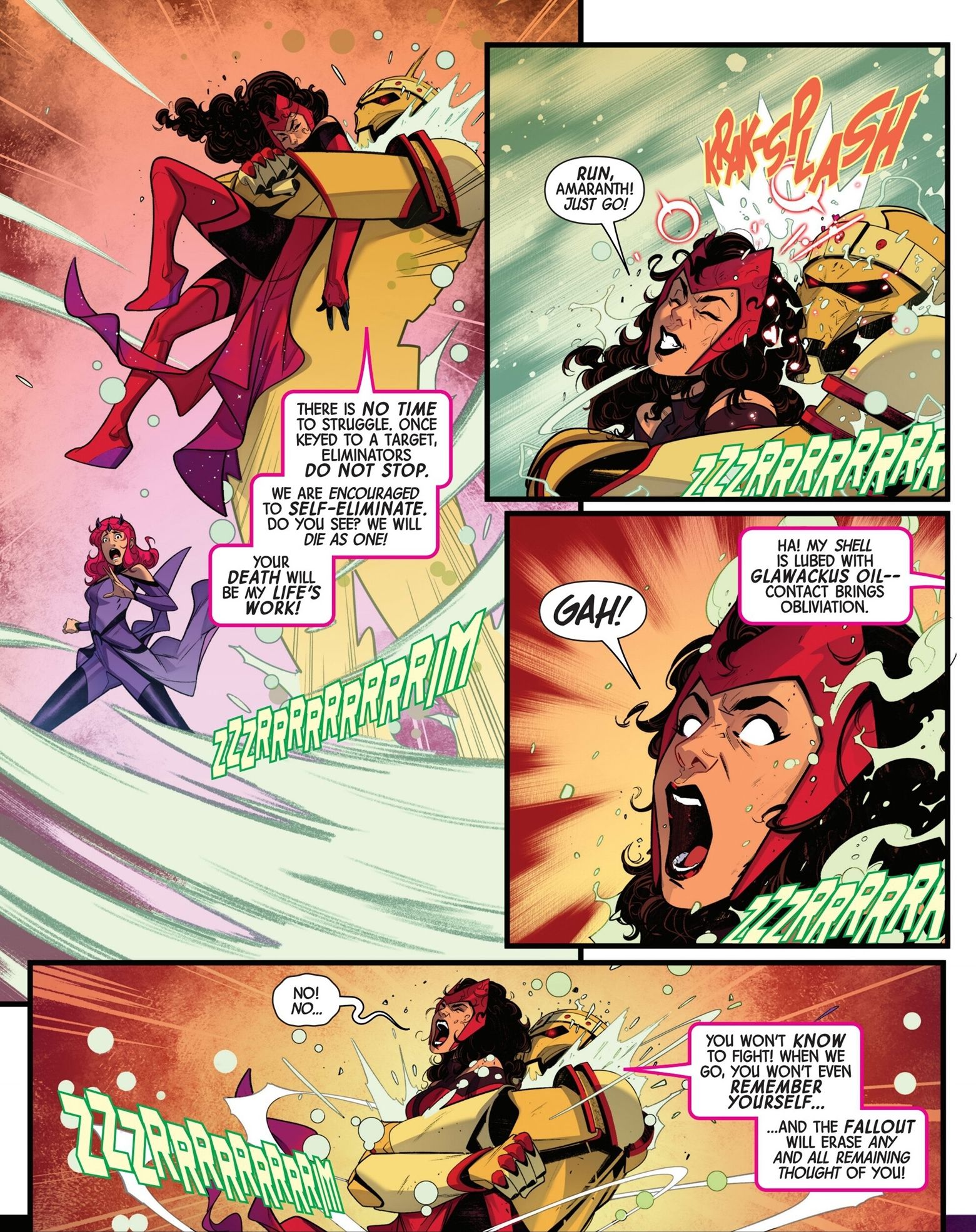 Scarlet Witch #6, o Eliminador robótico prende Scarlet Witch e a cerca com óleo verde. 