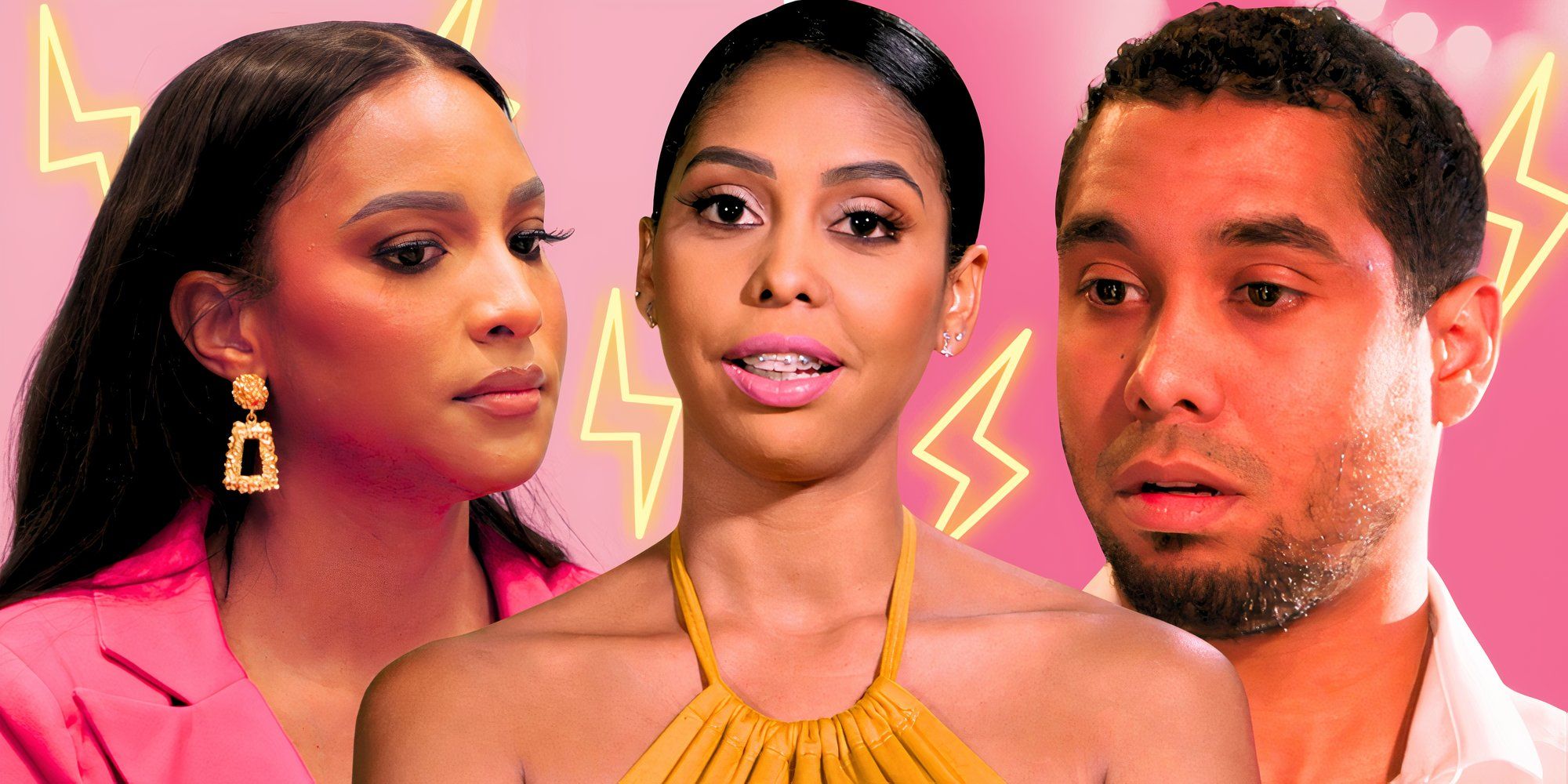 the family chantel stars chantel everett nicole jimeno and pedro jimeno in montage with none smilng with pink background