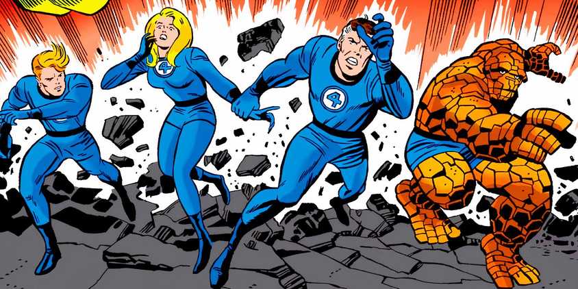 The Fantastic Four running from an explosion in Marvel Comics