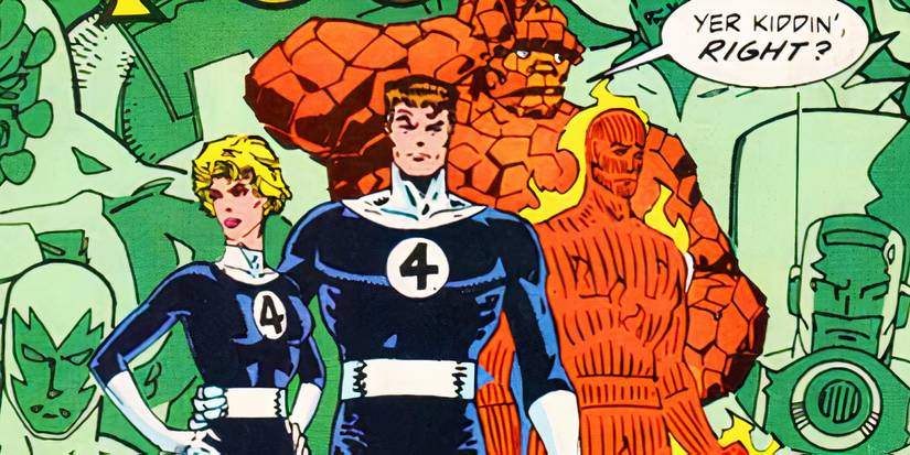 The Fantastic Four with green background in Marvel Comics