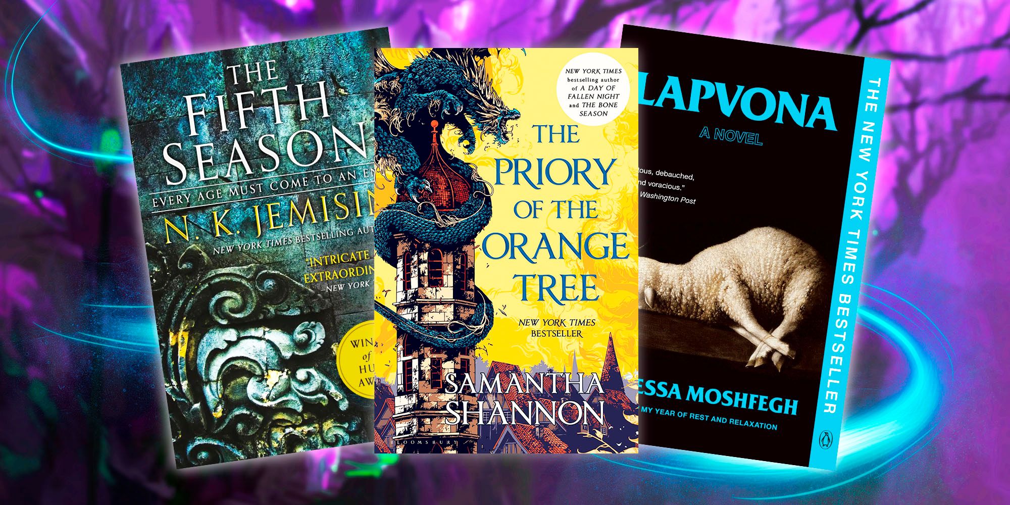 The Fifth Season, The Priory of the Orange Tree, and Lapvona book covers