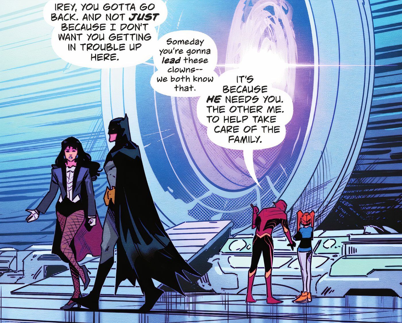 Comic book panel: Wally tells Irey that she will lead the Justice League someday
