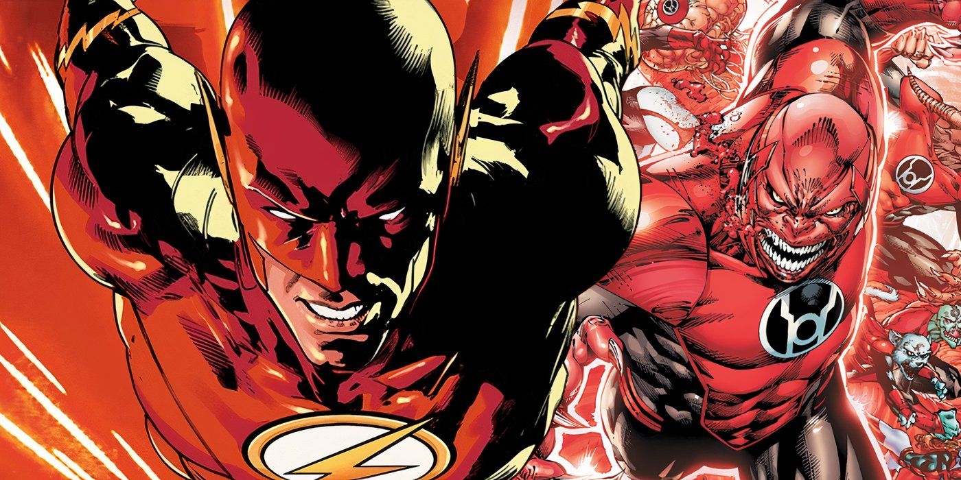 Comic Art: The Flash running against the background of the Red Lantern Corps