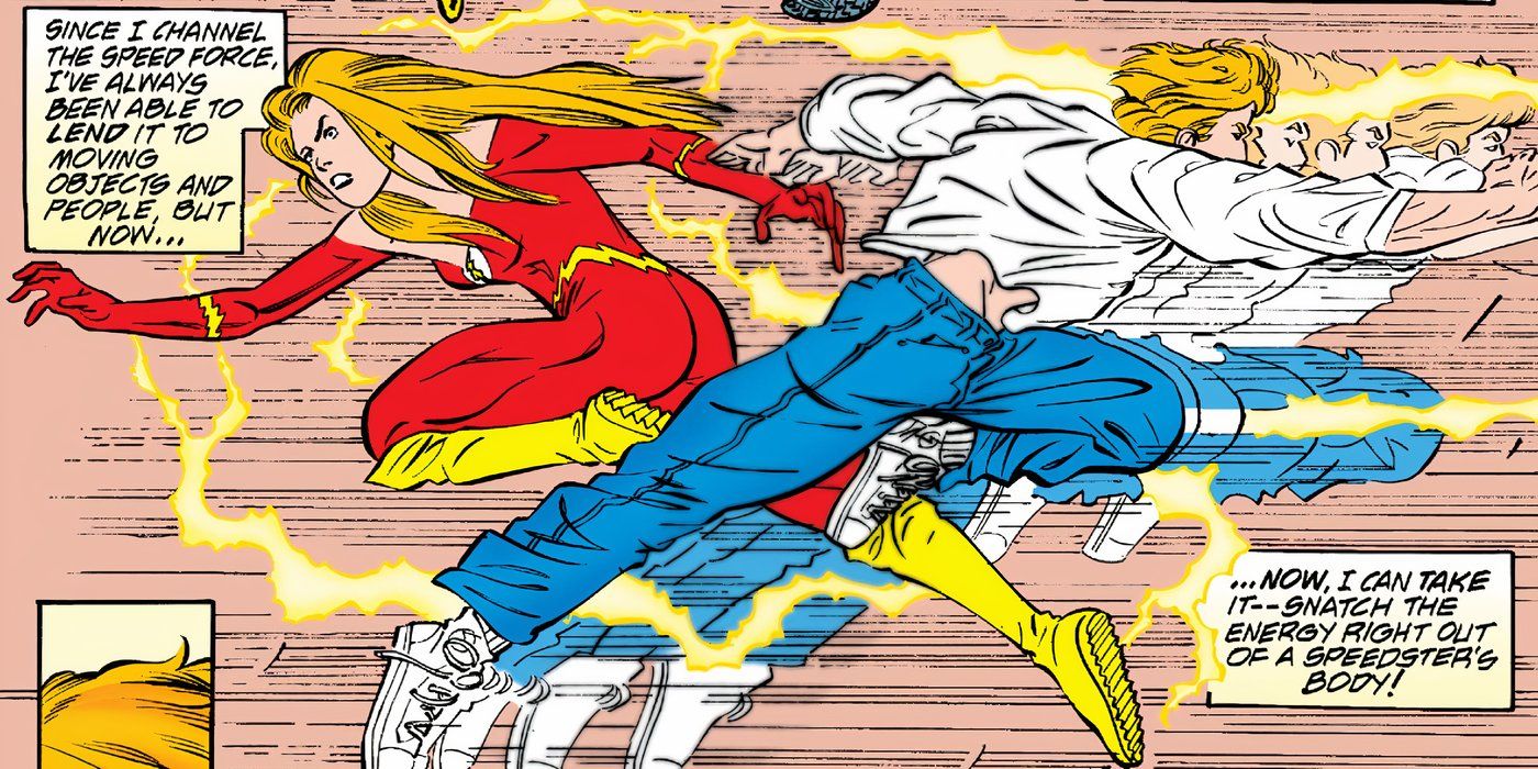 Comic panel: The Flash steals Lady Flash's speed.