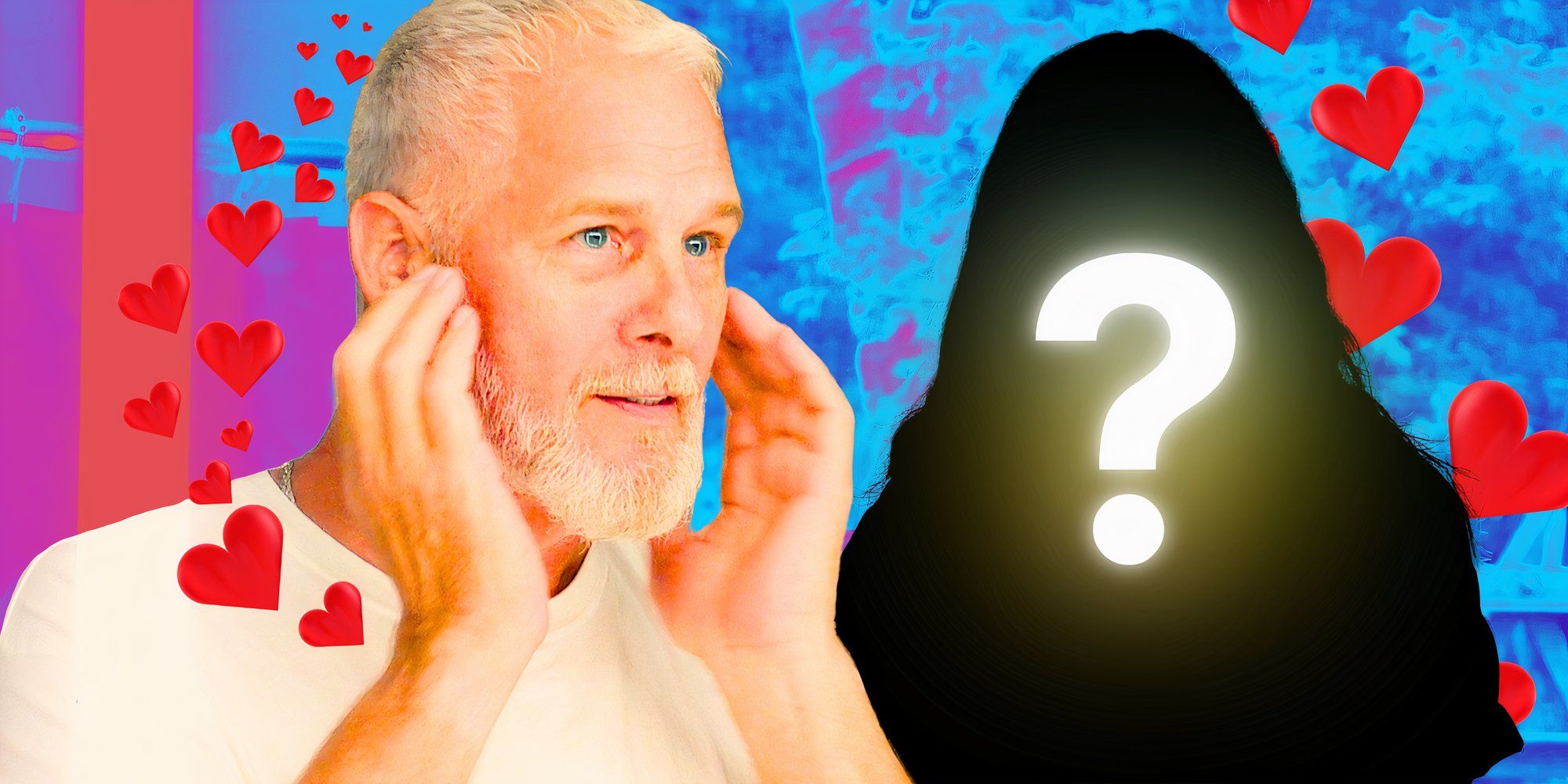 The Golden Bachelor&rsquo;s mark anderson with his hands over his ears with mystery woman background