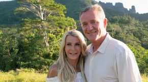 The Golden Bachelorette's Joan Vassos and Chock Chapple Smiling Outside