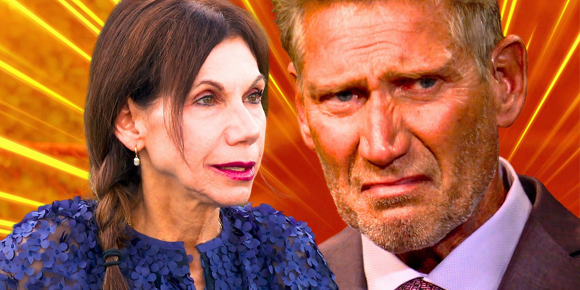 the golden bachelorette stars theresa nist and gerry turner looking upset with yellow and orange background