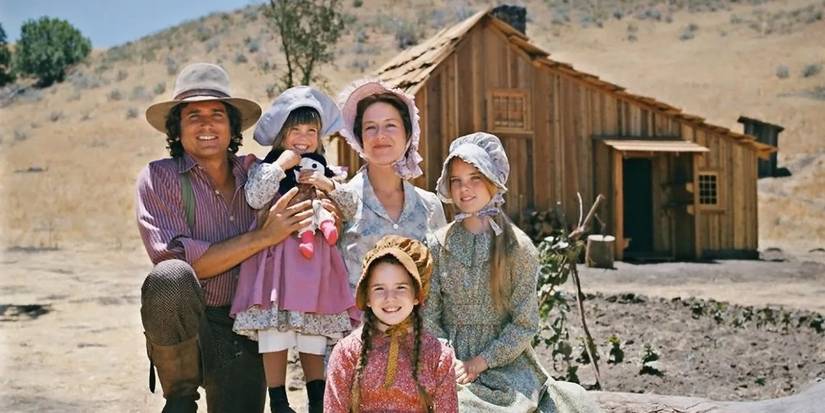 The Ingalls family in front of their homestead in Little House on the Prairie.