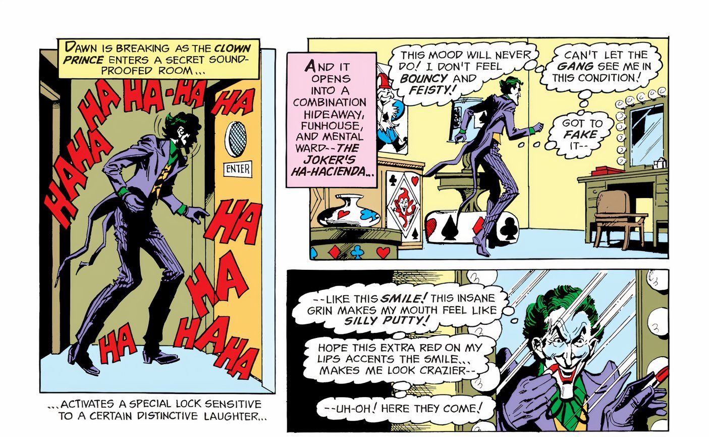 Comic book panels: The Joker Entering The Ha-Hacienda With A Laughter Lock