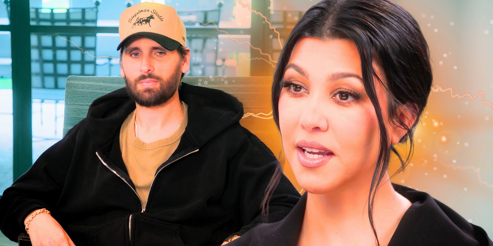 the kardashians stars scott disick and kourtney kardashian in high drama montage with electric current motifs