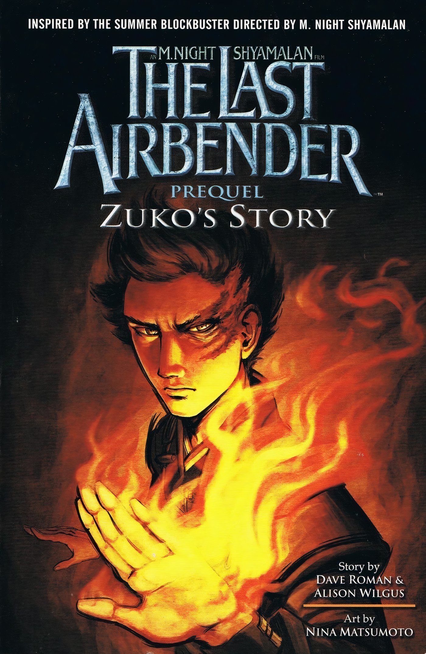 Cover of The Last Airbender prequel, Zuko lighting up the darkness with a flame from his hand. 