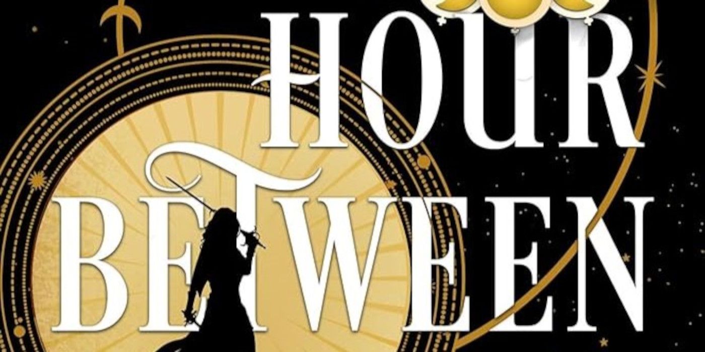 The Last Hour Between Worlds cover featuring the shadow of a woman holding a sword, a clock, and the title in white