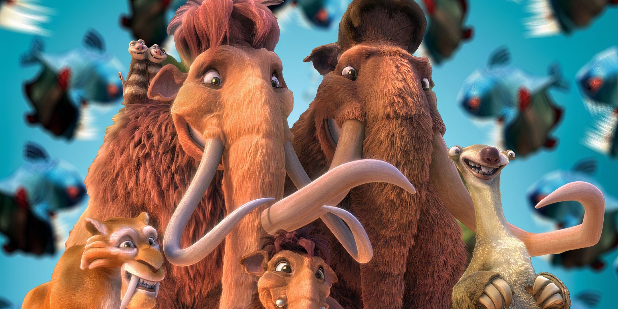 The main Ice Age characters smiling largely against backdrop of piranhas