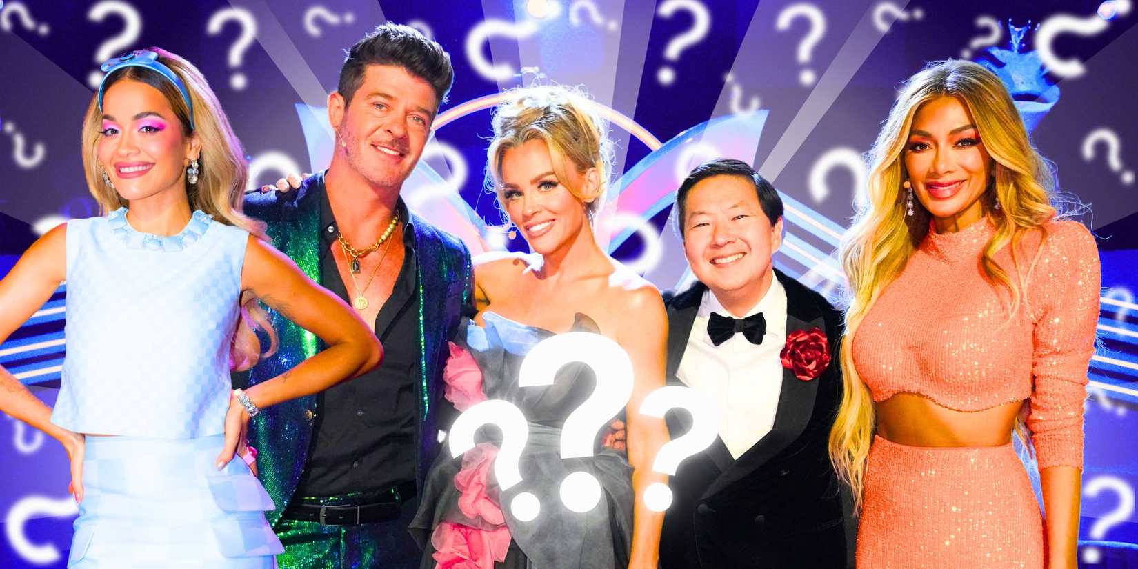 The Masked Singer's Rita Ora, Robin Thicke, Jenny McCarthy, Ken Jeong and Nicole Scherzinger smile amid question marks.
