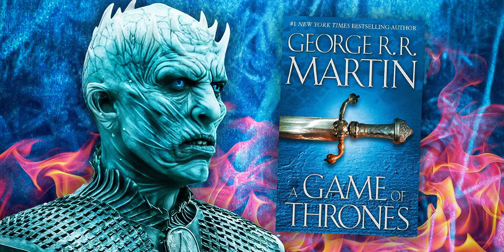 The Night King looking annoyed in Game of Thrones and the cover of A Game of Thrones with ice and fire as the background