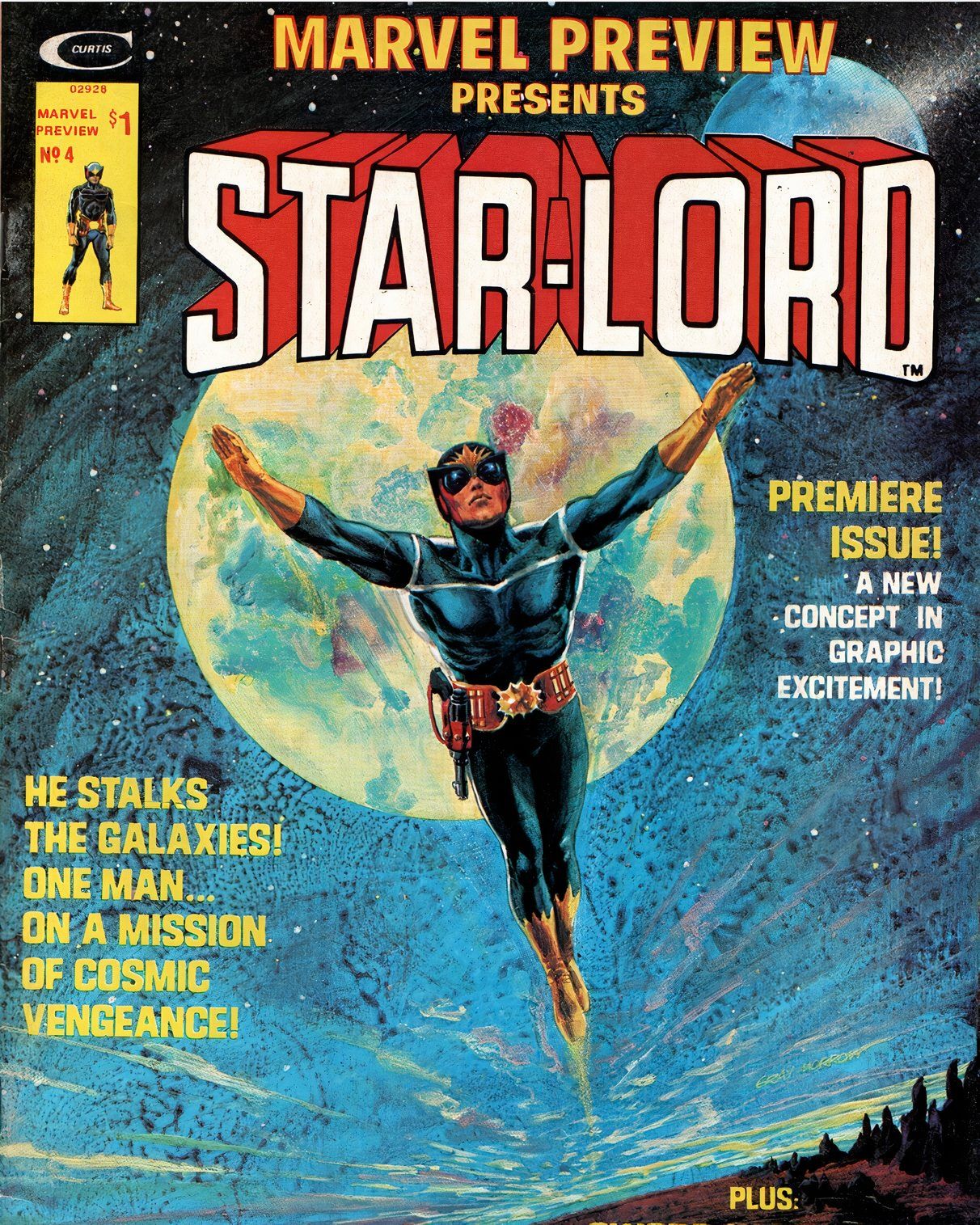 The Original Star-Lord flies in front of the moon.