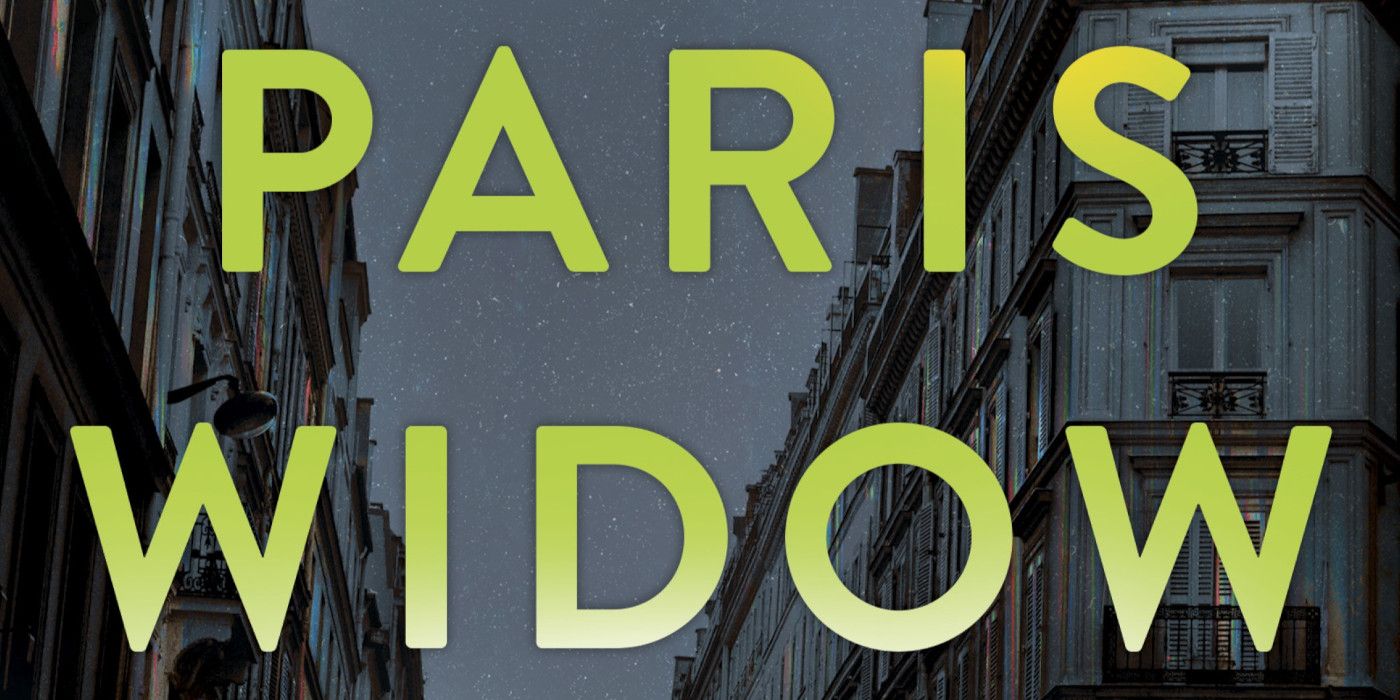 The Paris Widow cover featuring the title in lime green and an image of two apartment buildings and the night sky