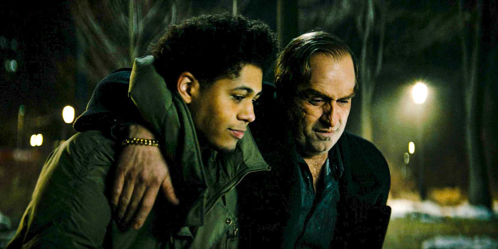 Oz/The Penguin (Colin Farrell) embracing Victor (Rhenzy Feliz) and thanking him for his loyalty in The Penguin Season 1 Ep 8