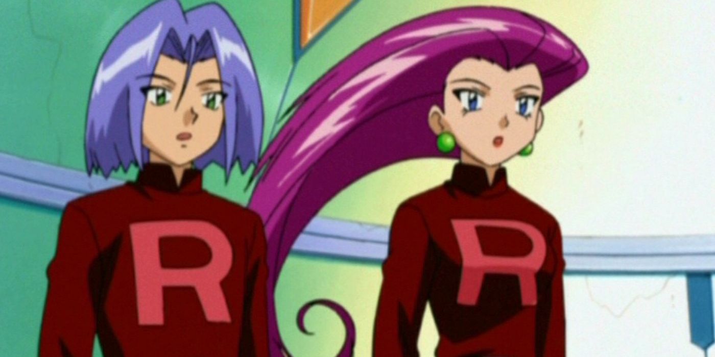 A Equipe Rocket do Anime Pokémon fica de boca aberta em roupas vermelhas.