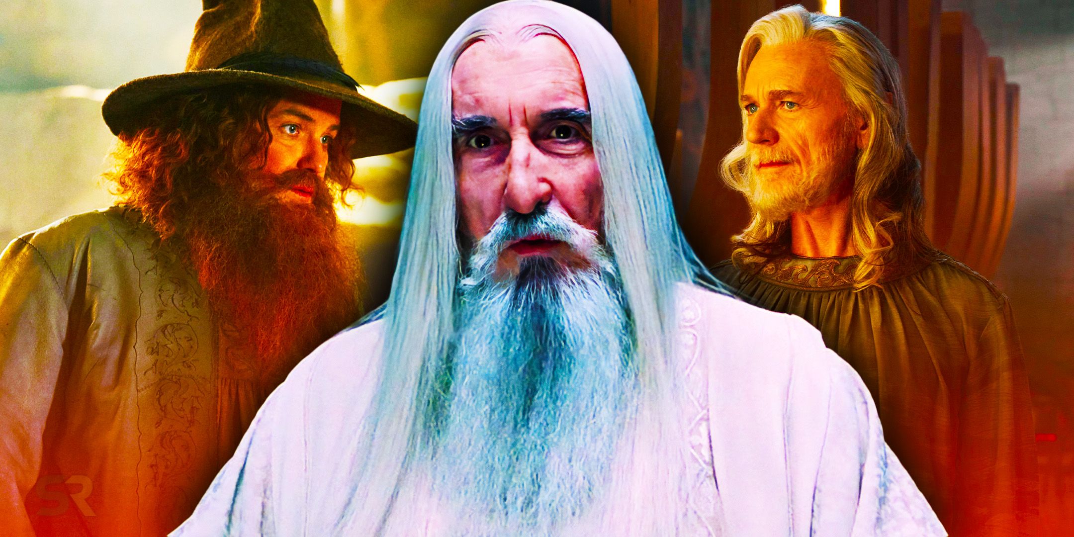 An image of Saruman from Lord of the Rings with Tom Bombadil from Rings of Power on the left and Círdan on the right