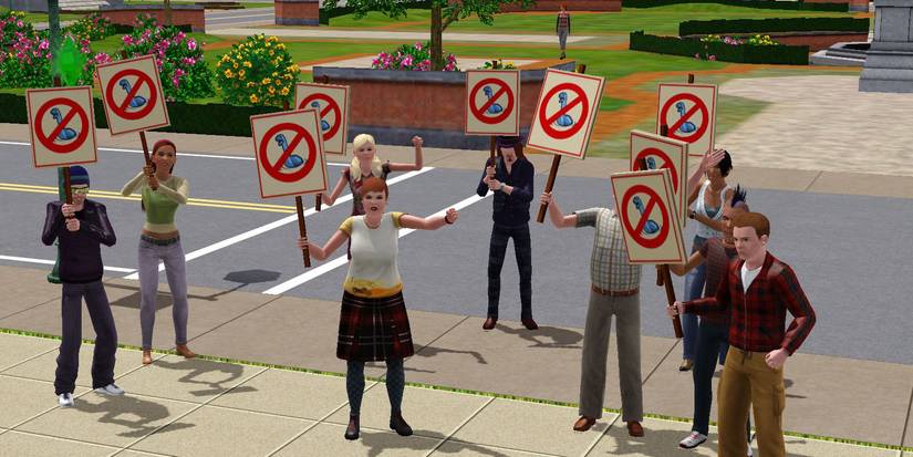 The Roomies join a protest against snake in The sims 3