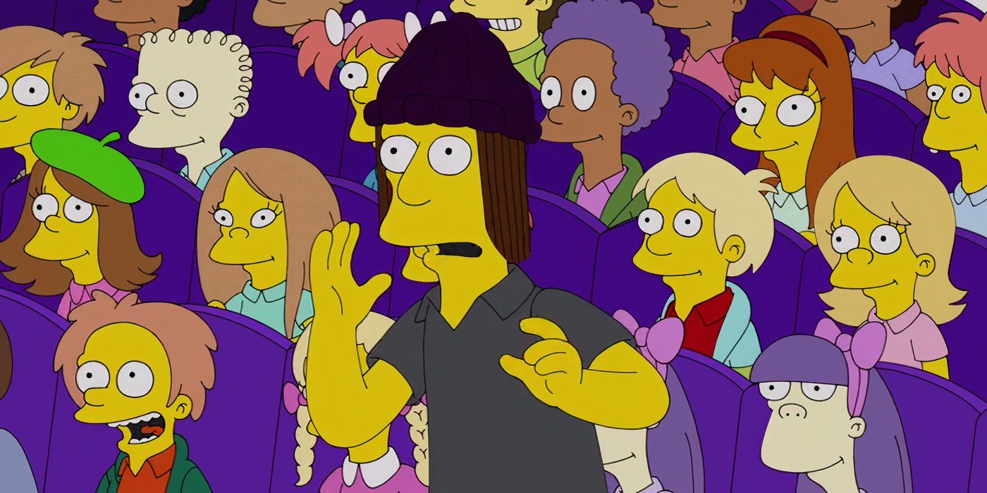 Jimbo Jones standing in front of a crowded auditorium in The Simpsons