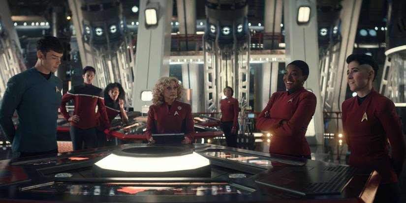 The Strange New Worlds Enterprise crew in Engineering with Beckett Mariner (Tawny Newsome) and Brad Boimler (Jack Quaid) in Those Old Scientists