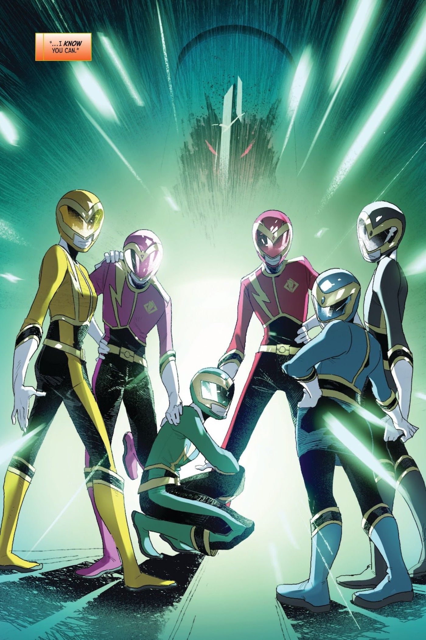 Página de quadrinhos: os alunos da Ranger Academy se transformam em Power Rangers contra Dark Spectre em segundo plano