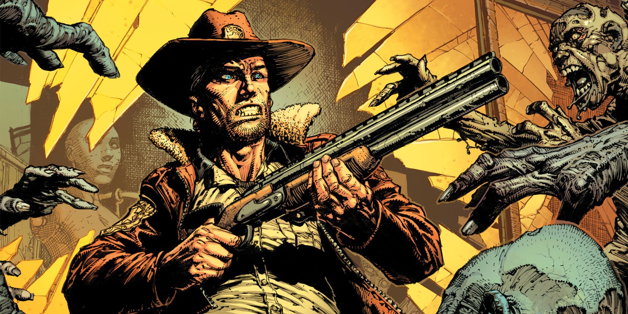 Comic book art: the Sheriff from the Walking Dead points a rifle at zombies.