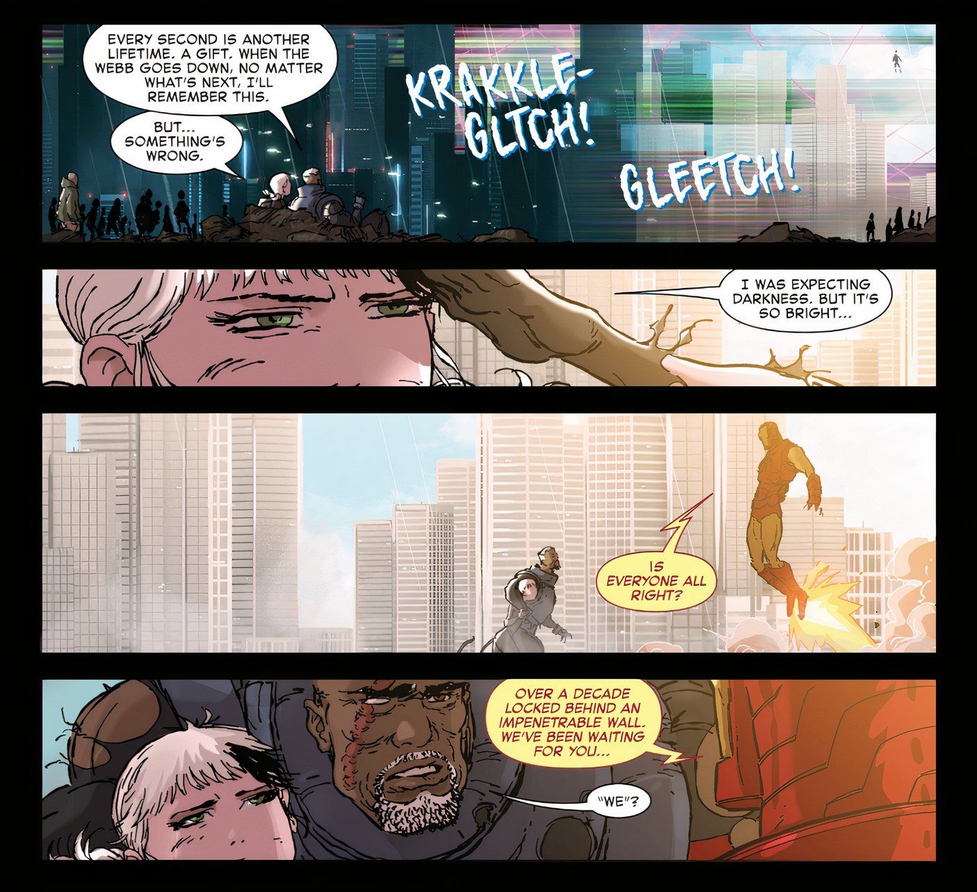 Comic book panels: the WEBB collapses and light pours into NYC.