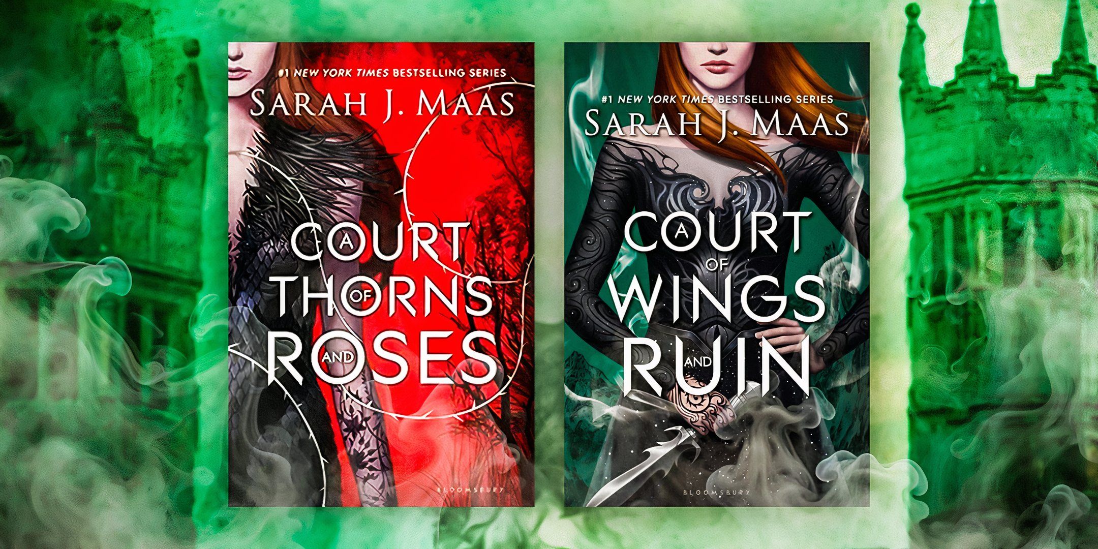 The covers of ACOTAR and ACOWAR with a green smokey castle background. 