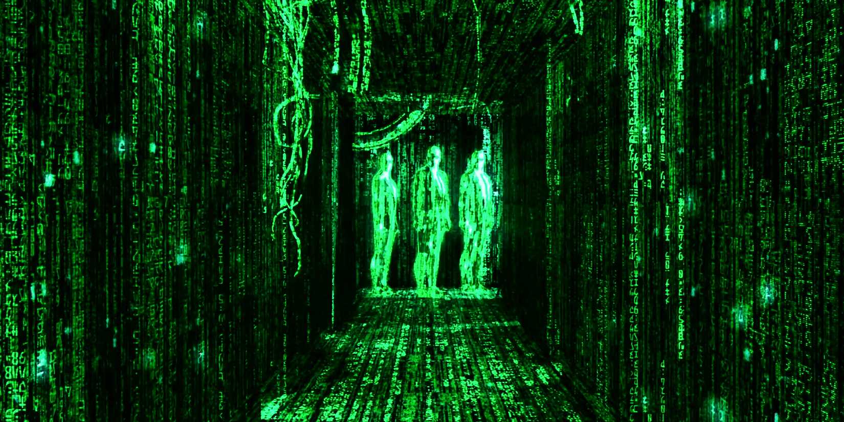 Three agents in a hallway viewed as the green code of the matrix in The Matrix