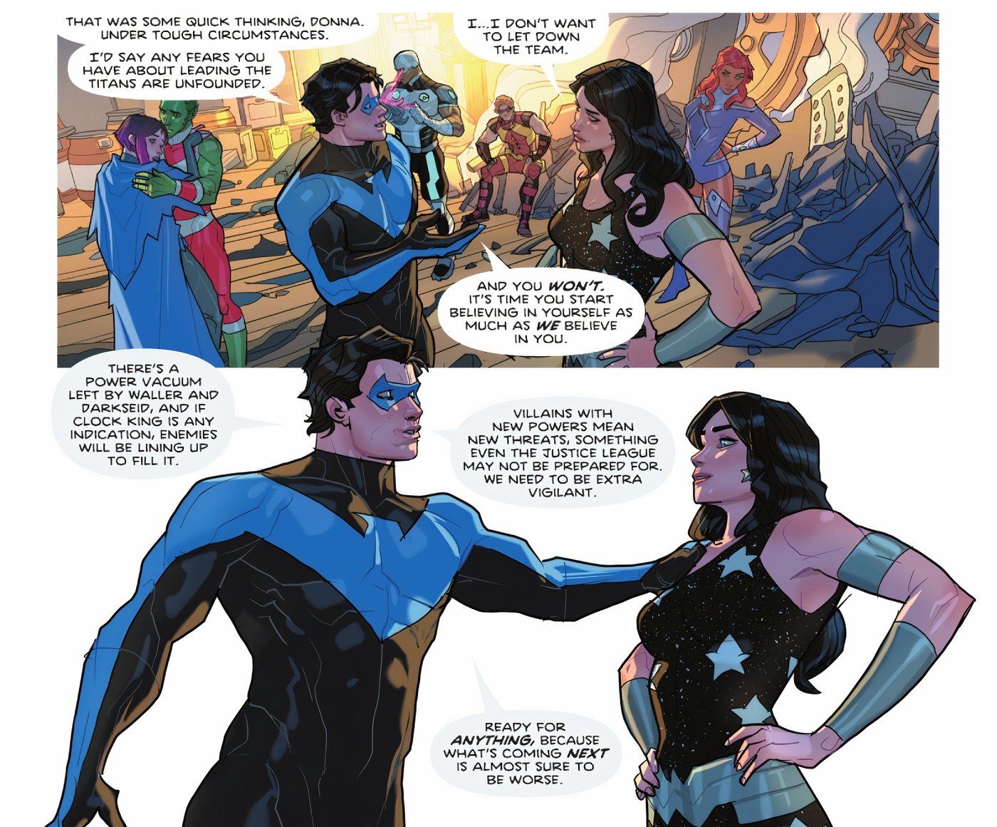 Titanes 17 Nightwing le dice a Donna Troy que los Titanes confían en ella como líder ahora que los villanos van en aumento