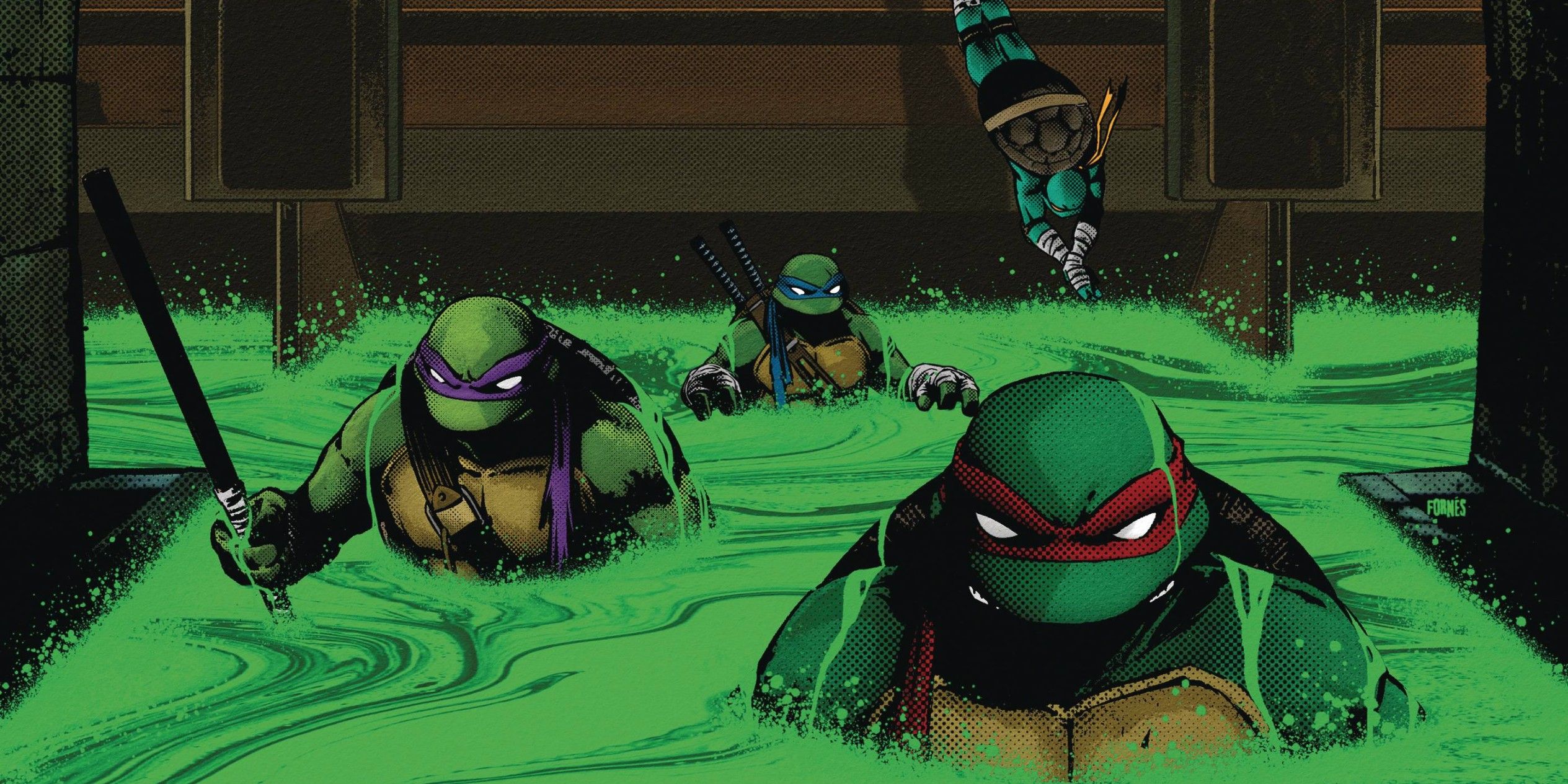 Comic book art: the Teenage Mutant Ninja Turtles wade through green waste in a sewer.