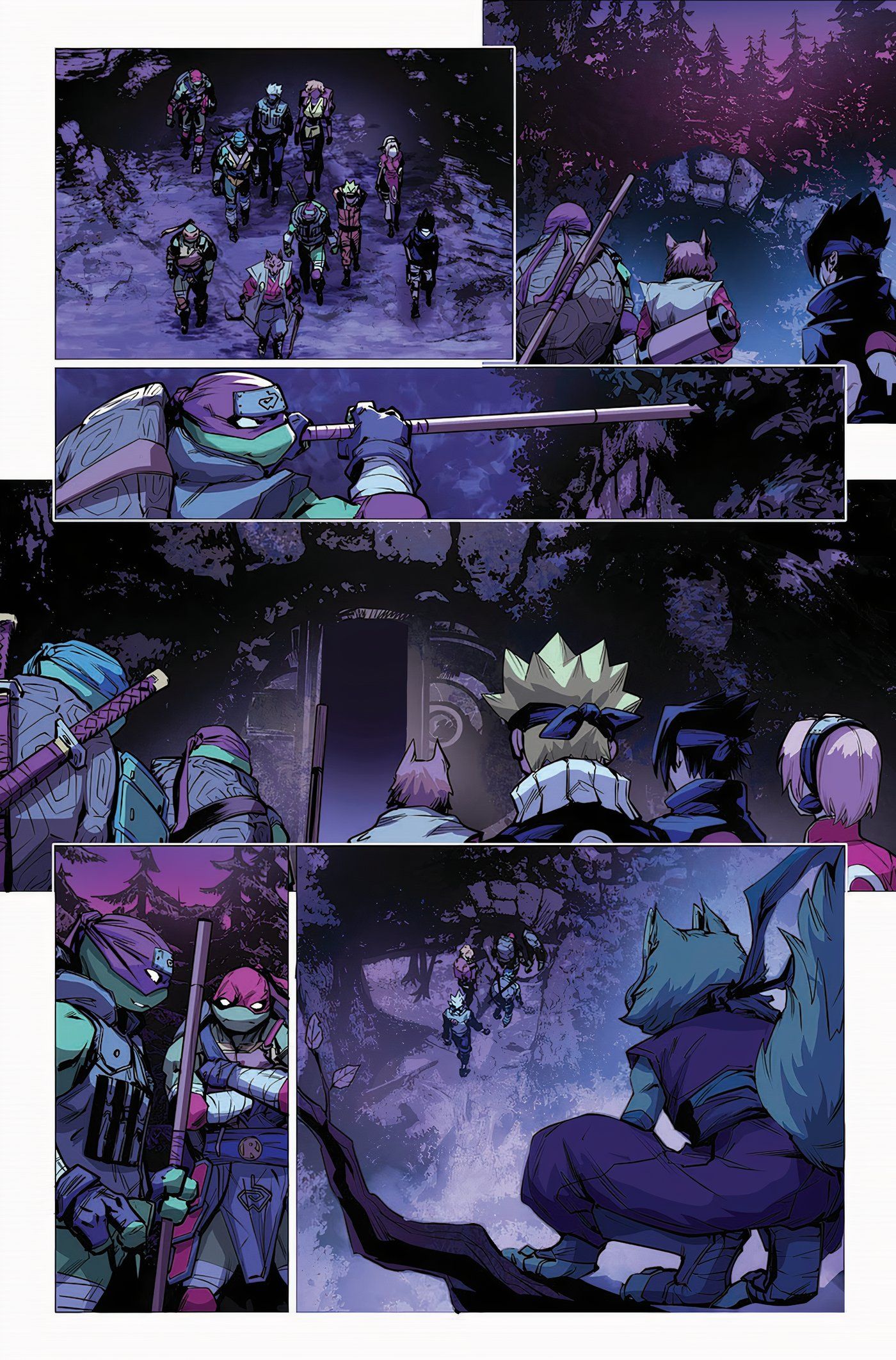 TMNT x Naruto # 2, as Tartarugas conversam com Naruto e o Time 7 enquanto um ninja raposa mutante do Clã Foot cuida deles.