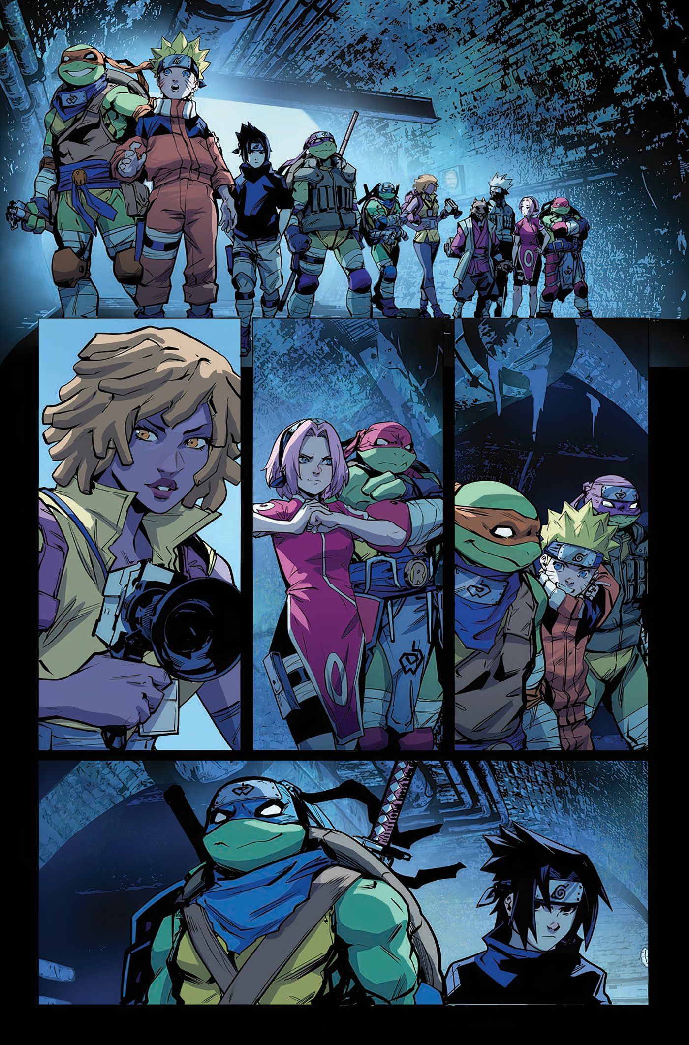 TMNT x Naruto #2, Time 7 e o TMNT caminham com April O'Neil em um túnel escuro.