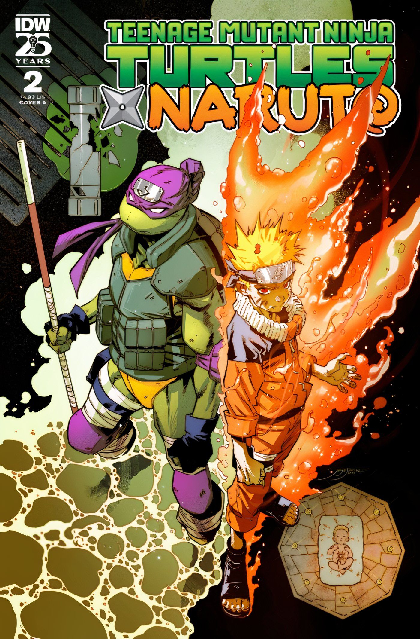 Capa principal de TMNT x Naruto #2, Donatello (esquerda) e Naruto (direita) de costas um para o outro, prontos para a batalha.