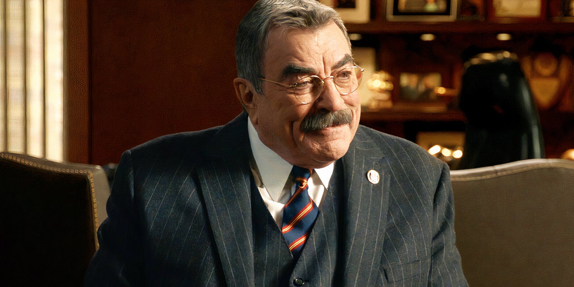 Tom Selleck smiling in his room in Blue Bloods