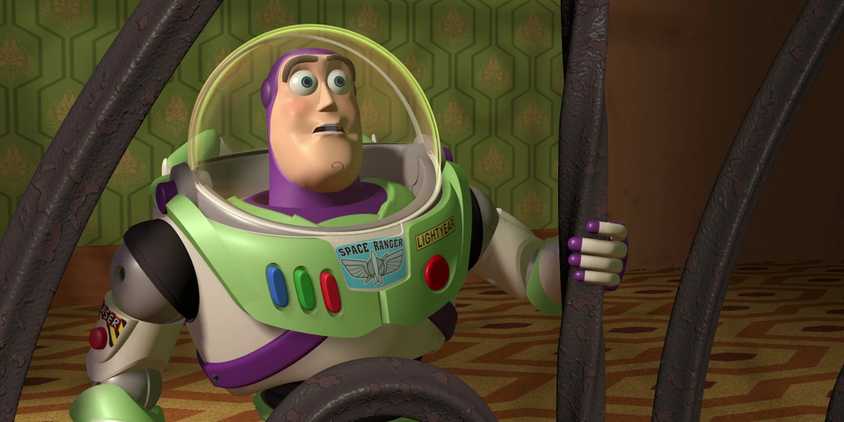 Buzz Lightyear holding the railing and looking surprised in Toy Story