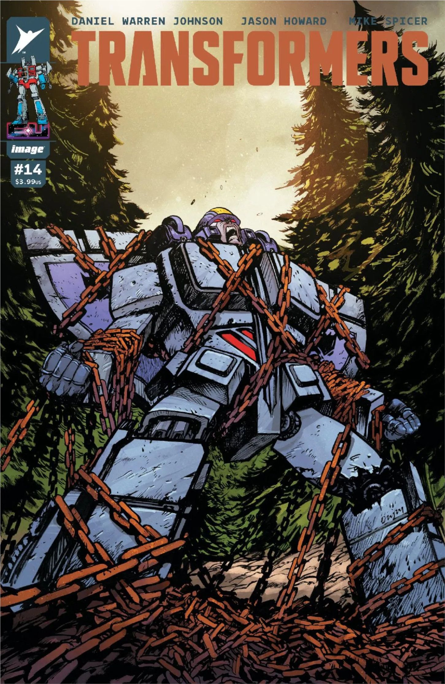 Capa de quadrinhos: Astrotrain luta acorrentado.