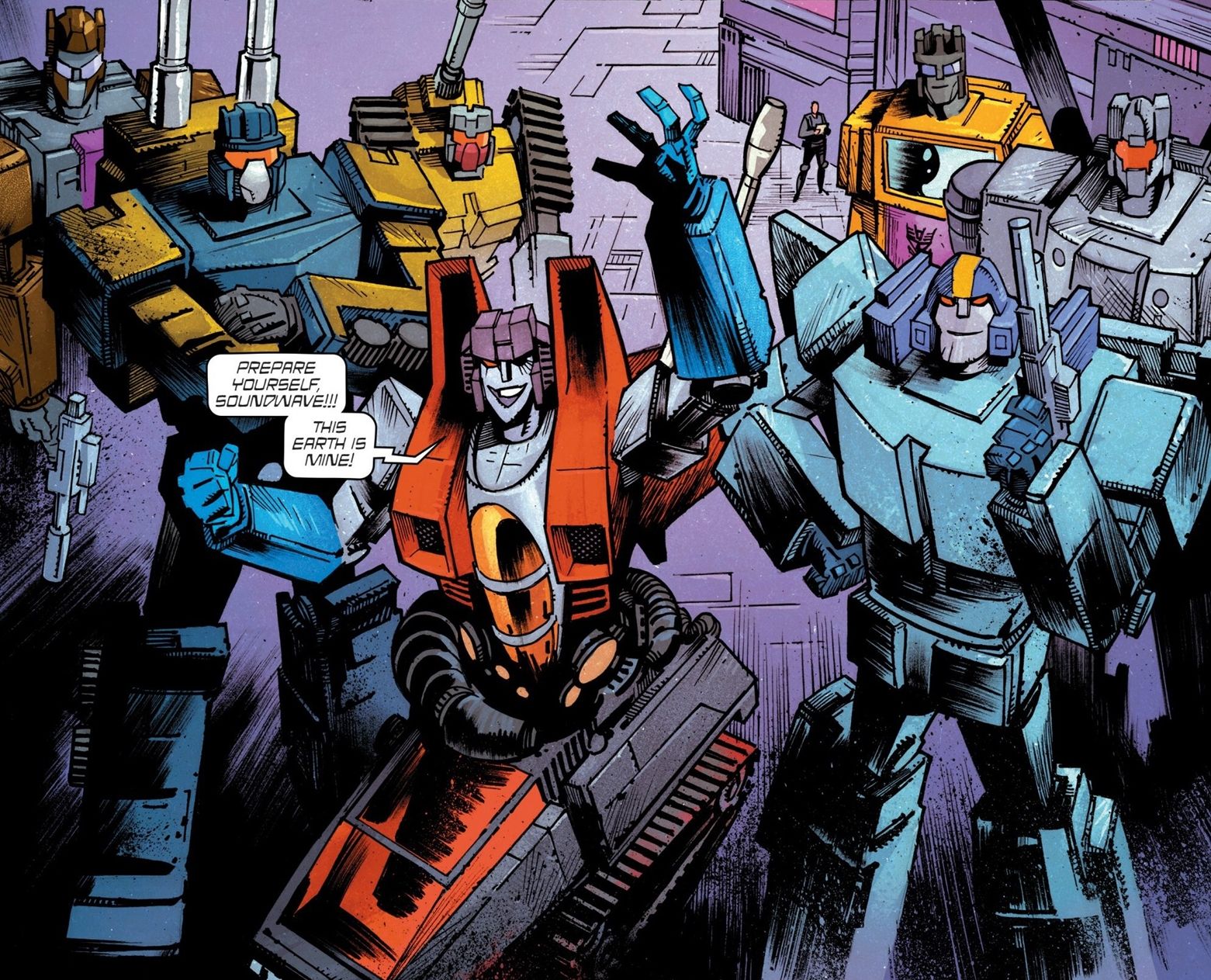 Página de cómic: Starscream reúne a su equipo para vengarse de Shockwave.