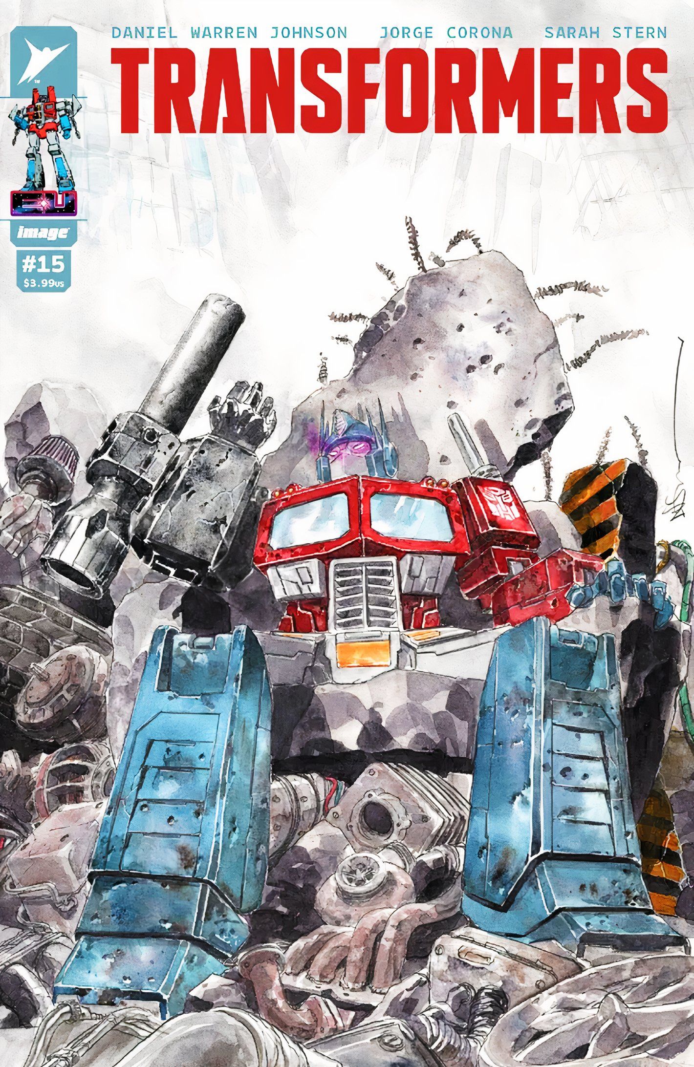 Comic book cover: Optimus Prime sitting on a throne of rubble