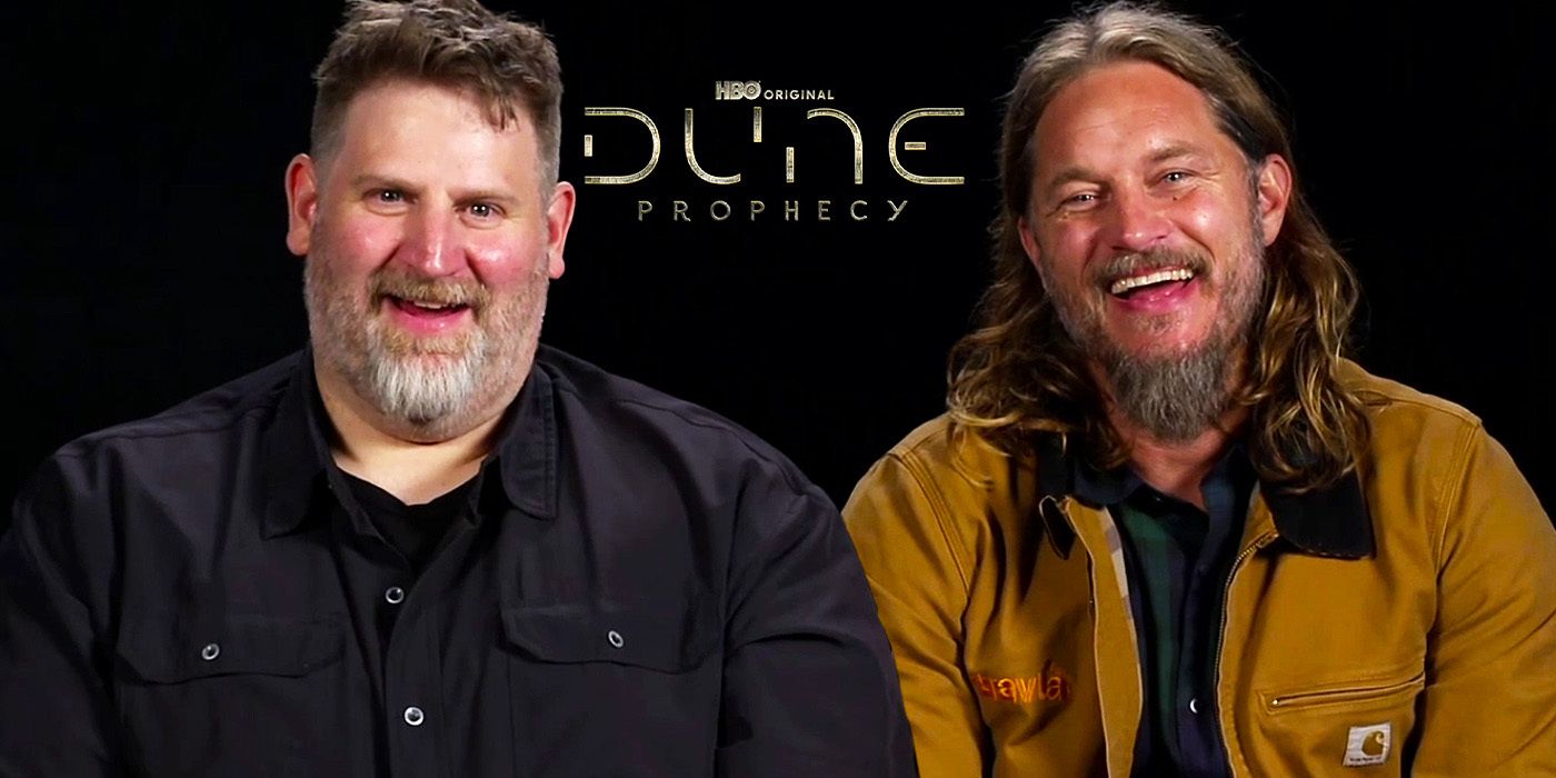Travis Fimmel &amp; Jordan Goldberg smiling during Dune Prophecy interview