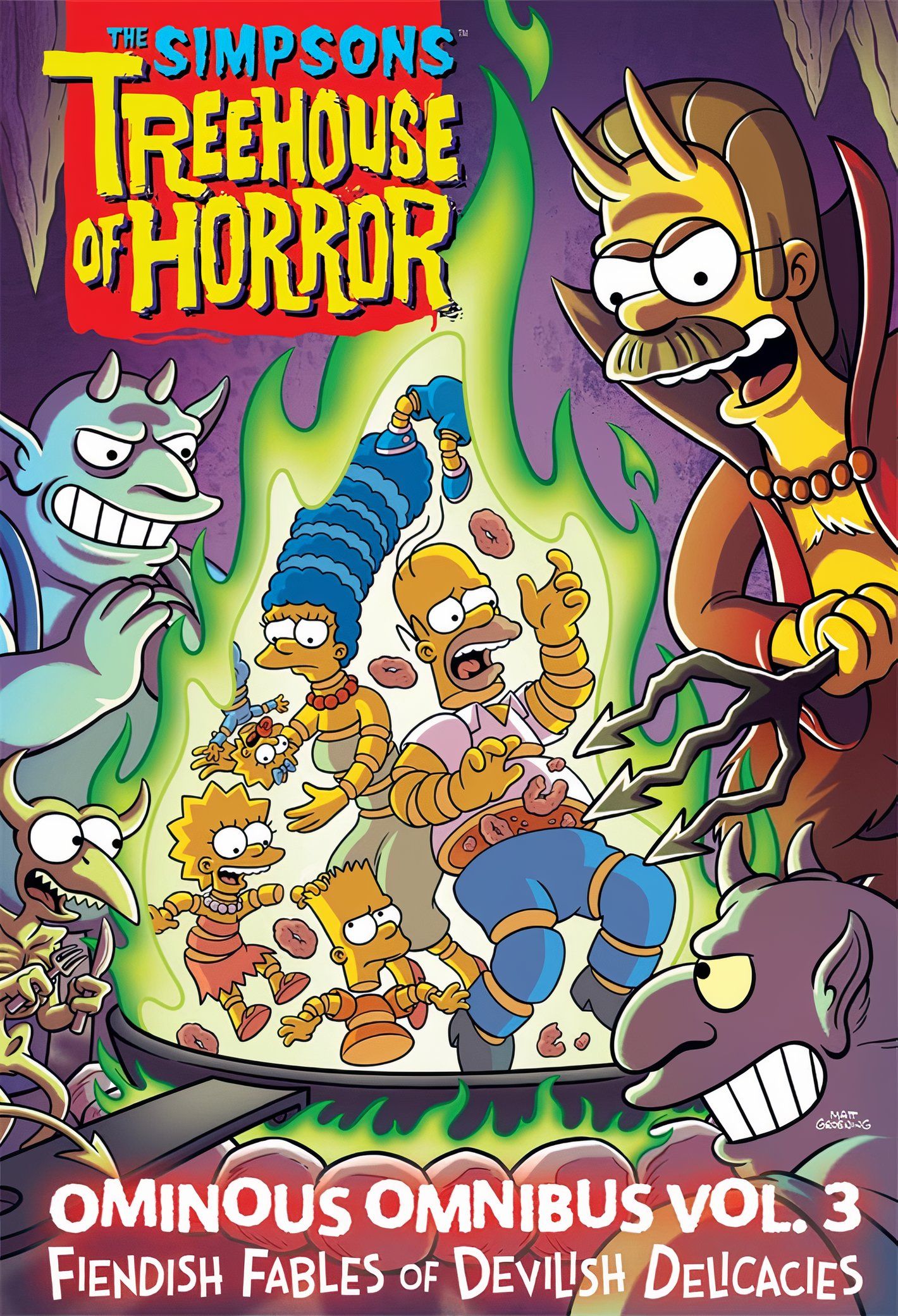 Treehouse of Horror Omnibus cover, a devilish Flanders looms over the Simpsons as they float in a cauldron.