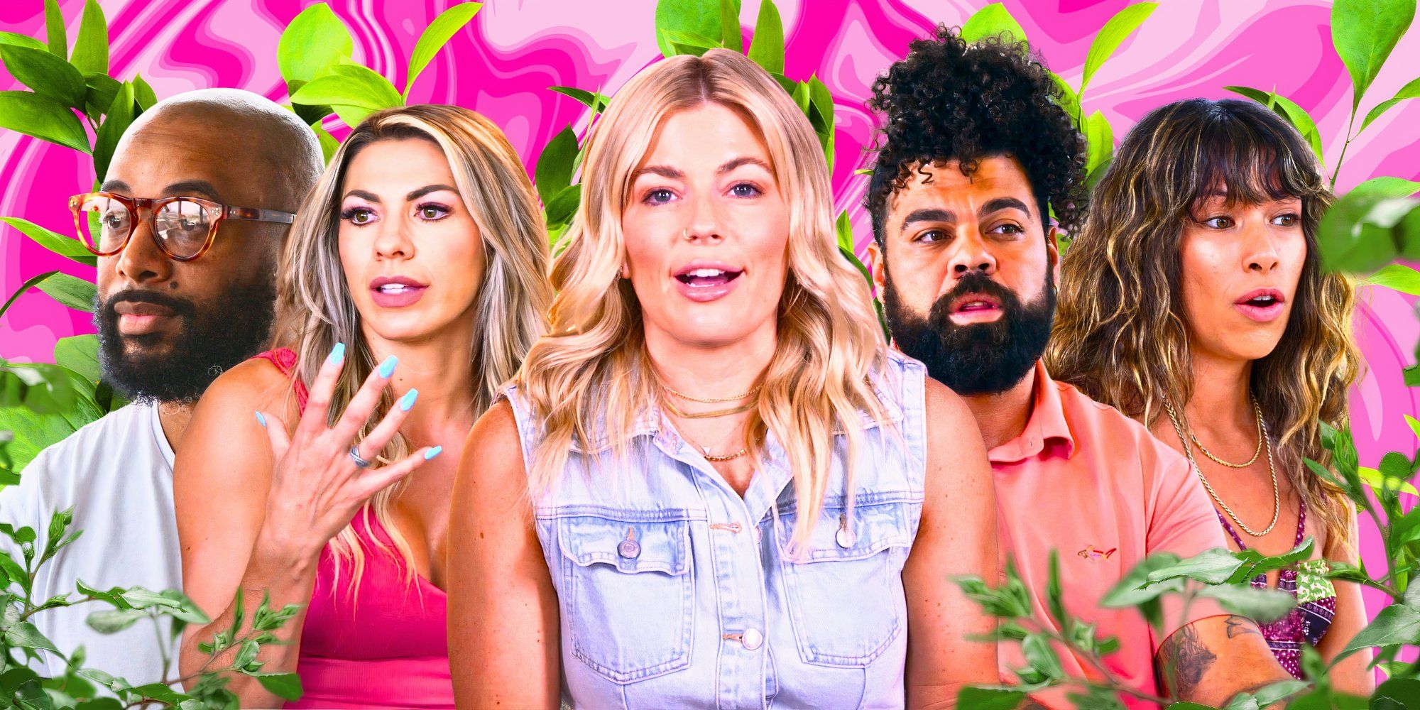 Married At First Sight season 18 cast members in montage looking shocked with tropical background