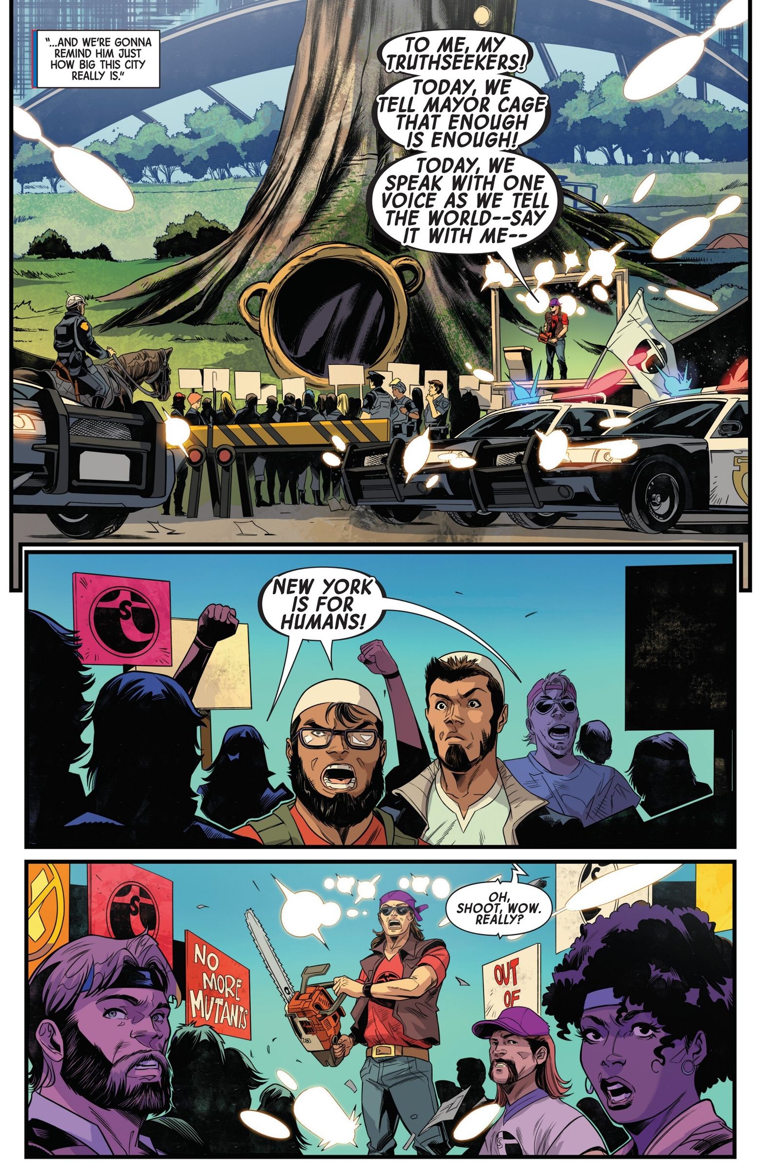 Truthseekers and a crowd protest against mutants and X-Men. 